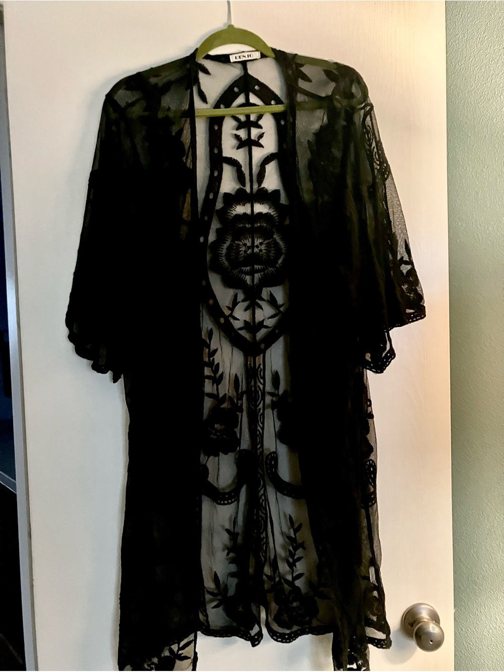 NWOT- Black Sheer Embroidered Lace Kimono Size L Boho Duster Cardigan Open Front
